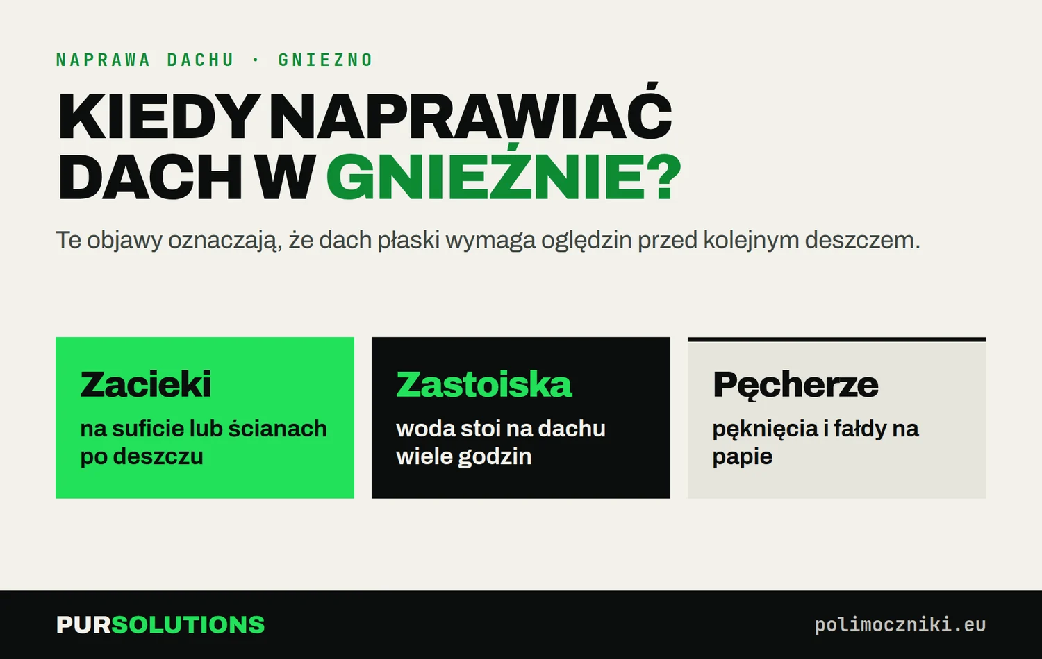 Objawy wymagające naprawy dachu płaskiego w Gnieźnie: zacieki, zastoiska wody, pęcherze na papie