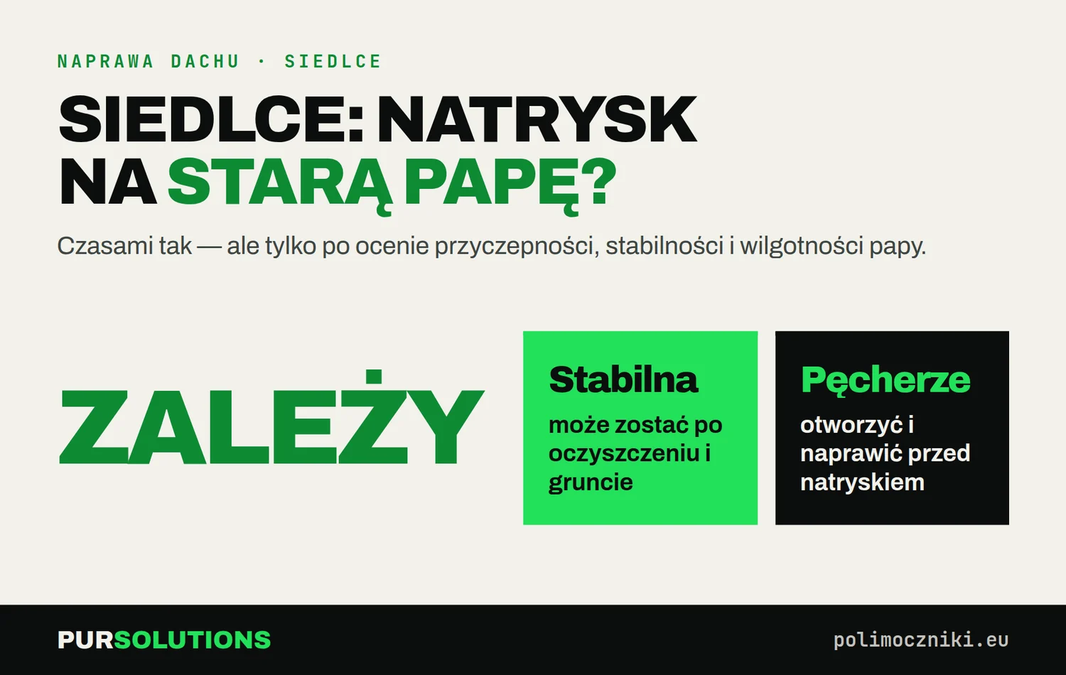 Infografika: kiedy można natrysnąć polimocznik na starą papę na dachu płaskim w Siedlcach