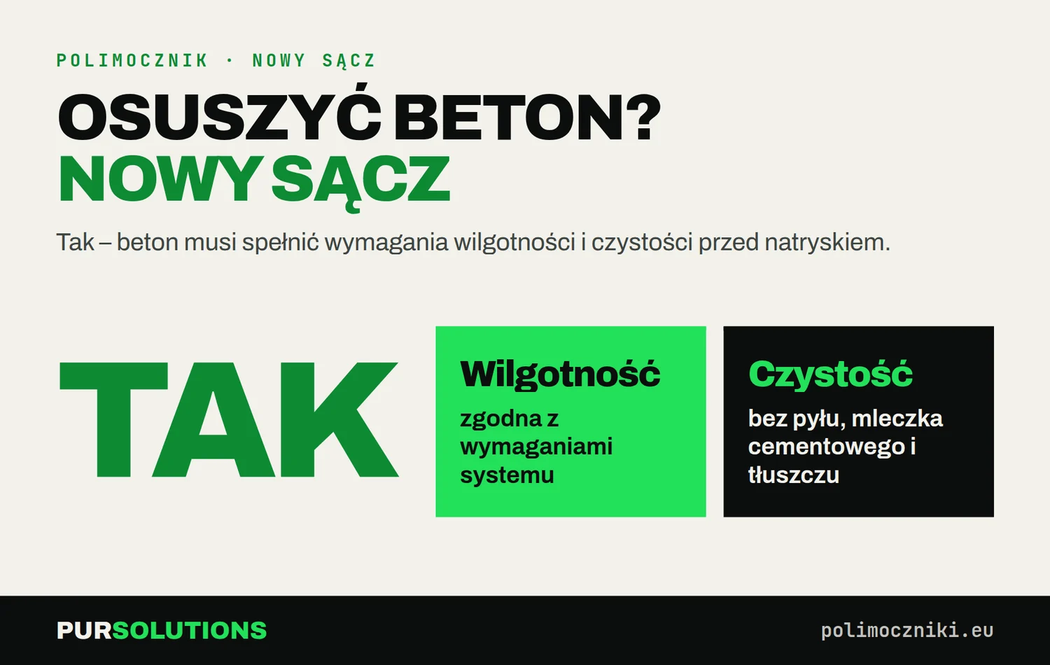 Czy beton na dachu w Nowym Sączu trzeba osuszyć przed natryskiem polimocznika: tak, oraz oczyścić z pyłu i mleczka
