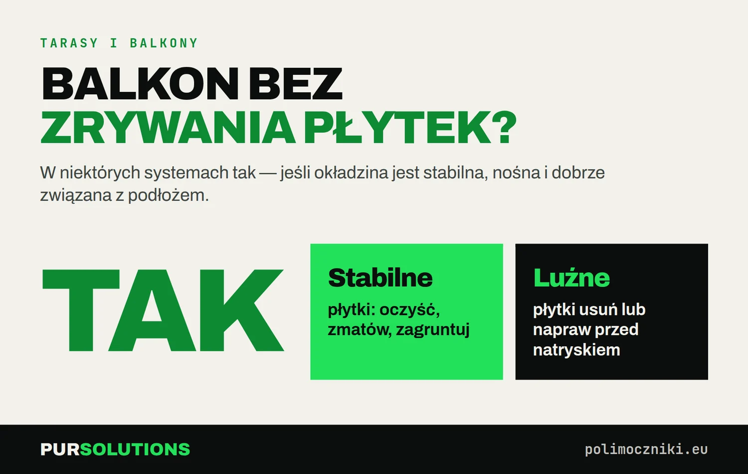 Czy polimocznikiem można uszczelnić balkon bez zrywania płytek: tak, jeśli płytki są stabilne; luźne trzeba usunąć