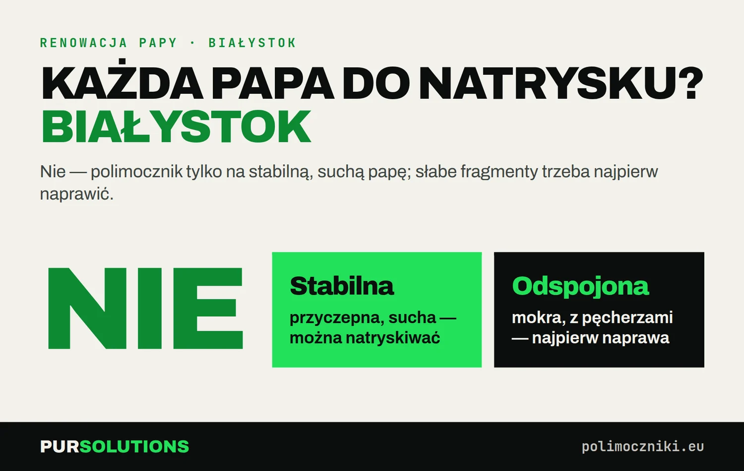 Czy każdą papę w Białymstoku można pokryć polimocznikiem? Nie — tylko stabilną i suchą