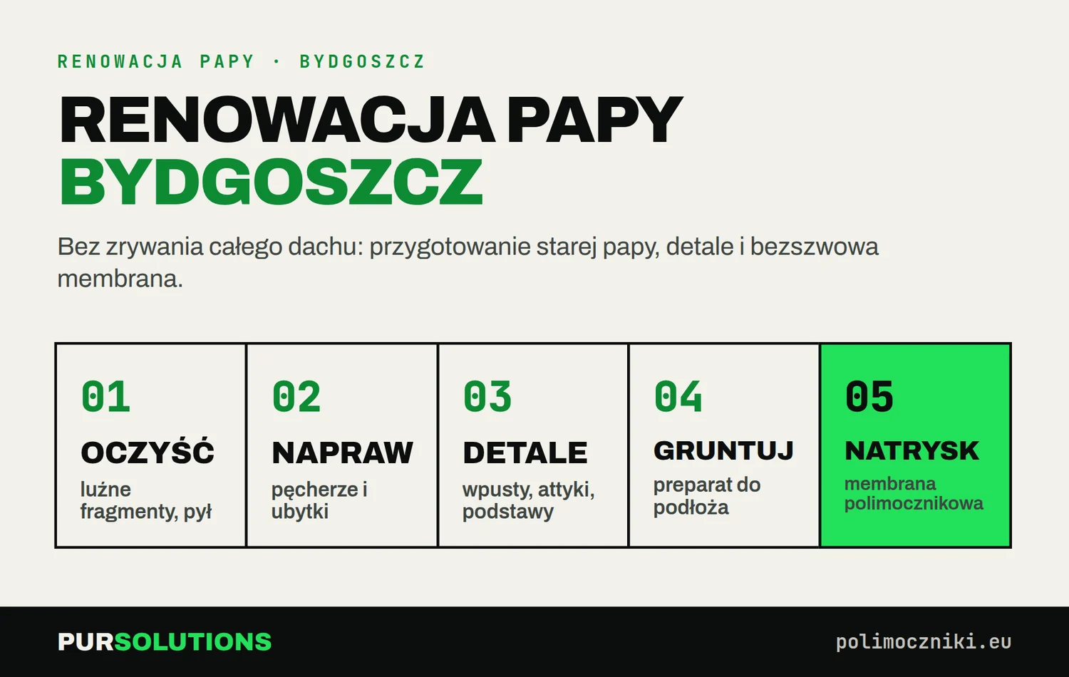 Etapy renowacji papy w Bydgoszczy: czyszczenie, naprawa, detale, gruntowanie i natrysk polimocznika