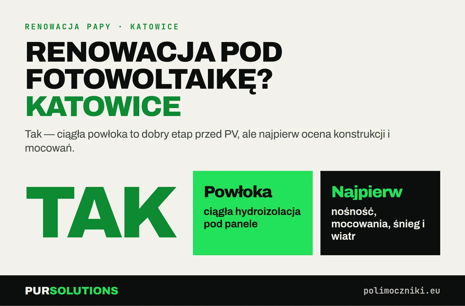 Czy renowacja papy polimocznikiem w Katowicach nadaje się pod fotowoltaikę? Tak, po ocenie konstrukcji