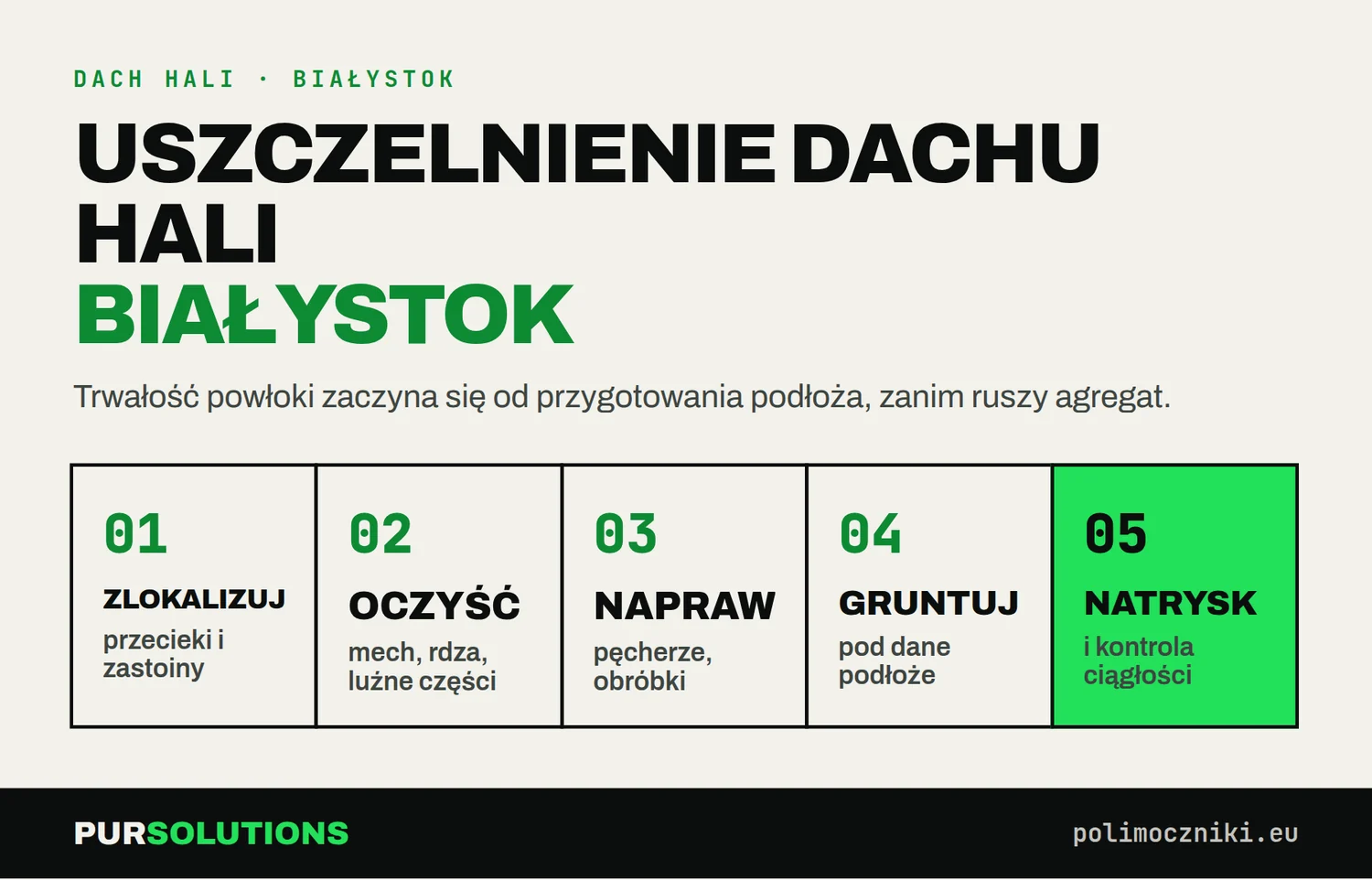 Uszczelnienie dachu hali w Białymstoku: lokalizacja przecieków, czyszczenie, naprawy, grunt, natrysk
