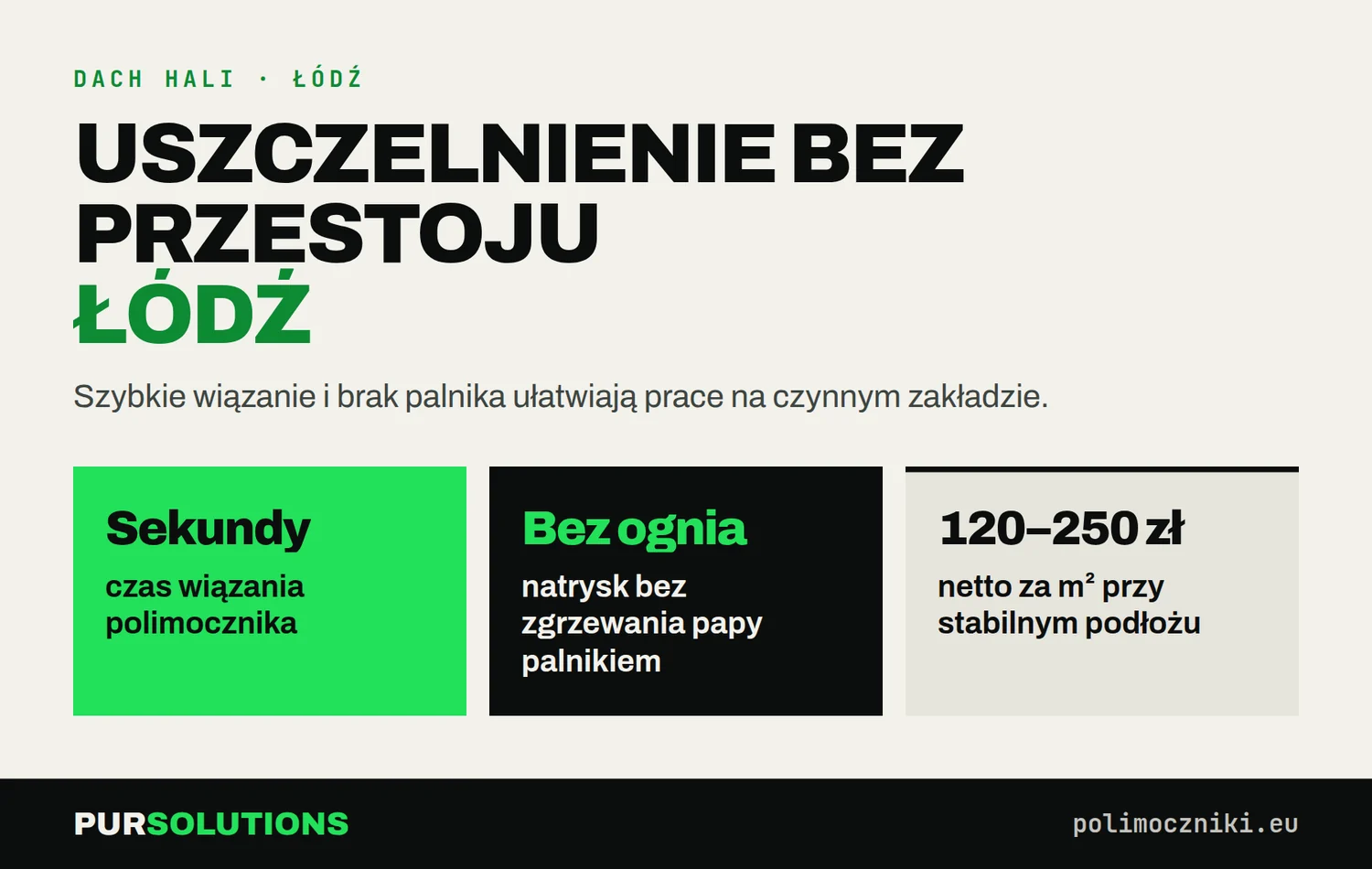 Uszczelnienie dachu hali w Łodzi: wiązanie w sekundy, brak otwartego ognia, 150–220 zł netto za m²
