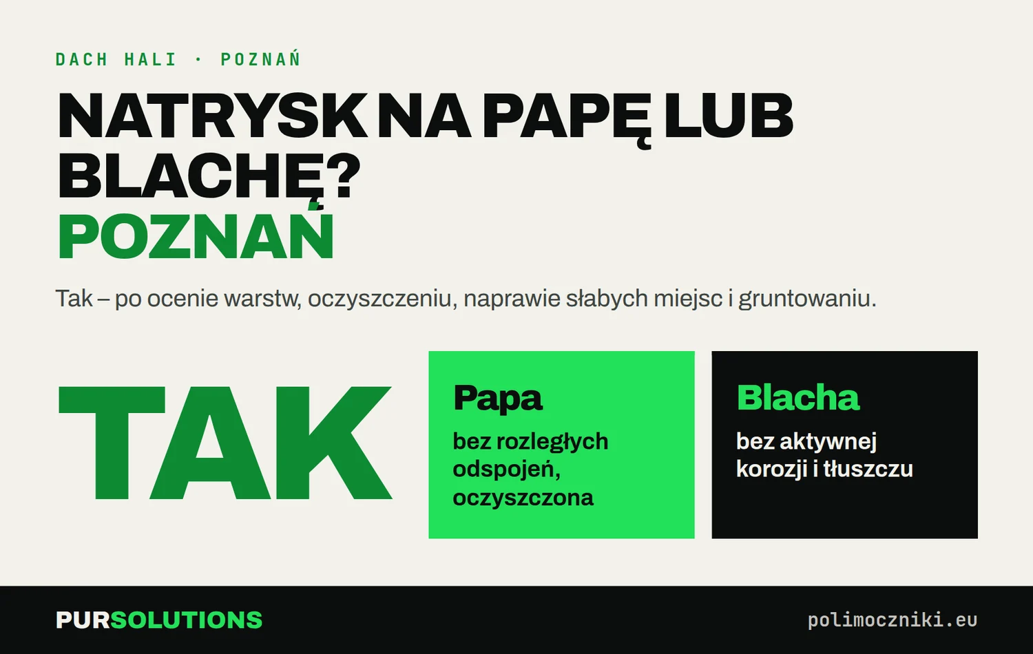 Czy można natrysnąć polimocznik na starą papę lub blachę dachu hali w Poznaniu: tak, po przygotowaniu