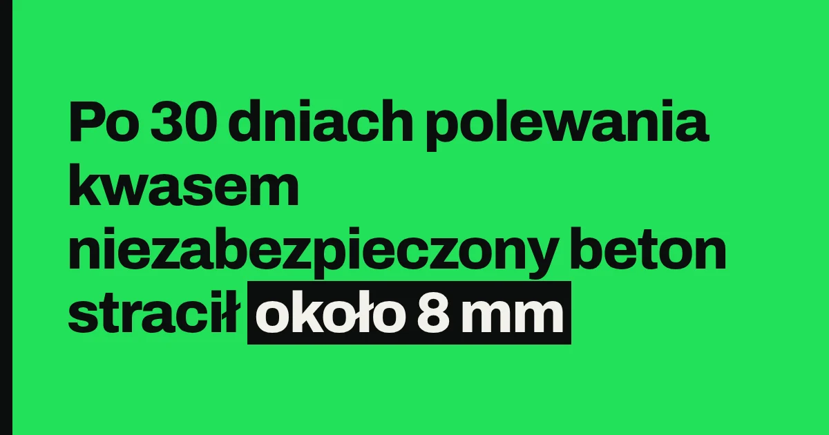 Po 30 dniach polewania kwasem niezabezpieczony beton stracił około 8 mm
